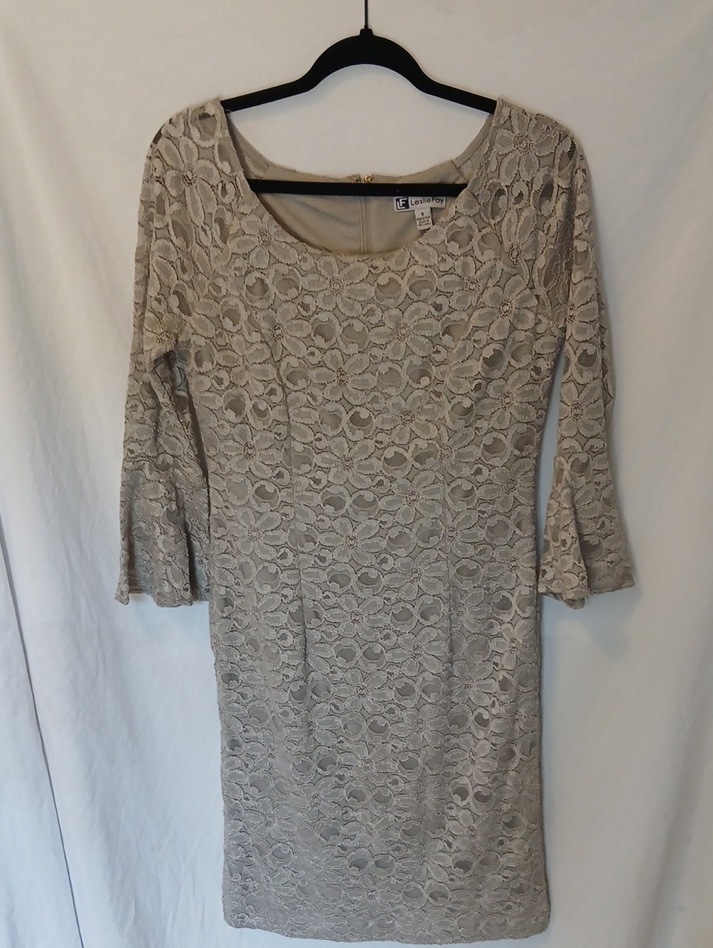 Leslie Fay Lace Sheath Dress in Gray Bell Sleeve Cuff